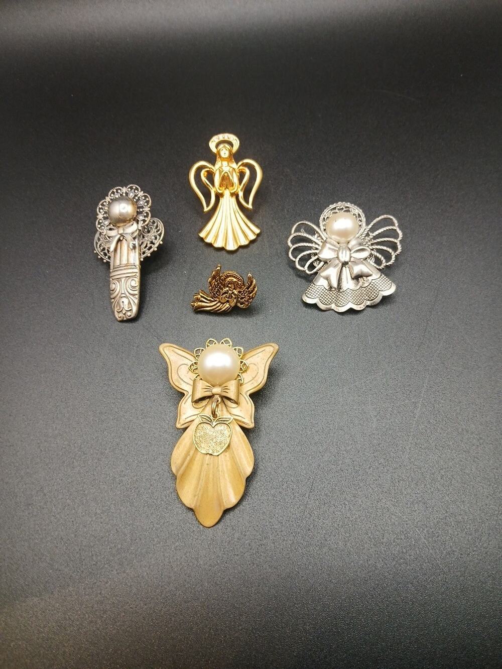 Vintage Angel Lapel Pin Brooch Lot of 5 Faux Pearl Filigree Bows Gold Silver